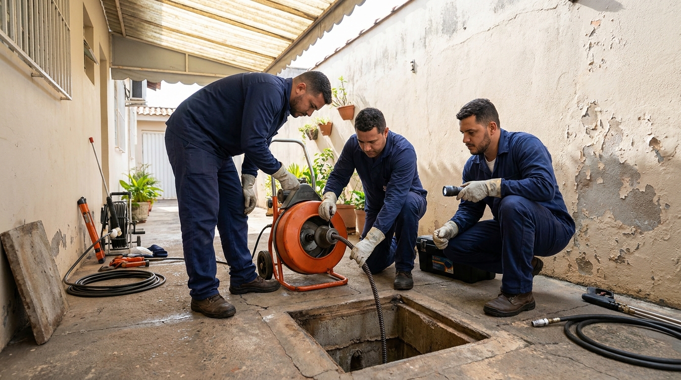 Desentupimento de esgoto com equipamento no Parque Riacho, Contagem‑MG
