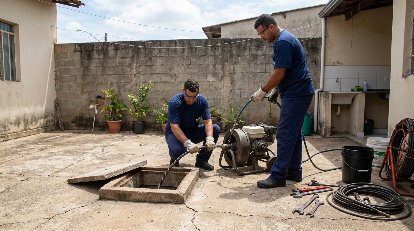 Desentupimento de esgoto residencial no Parque Riacho, Contagem‑MG