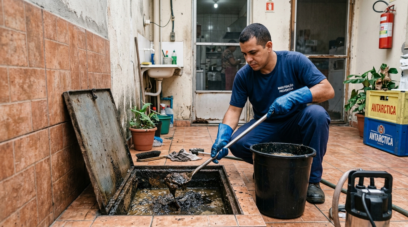 Equipe de limpeza de caixa de gordura no Jardim Adelinha, Franca‑SP