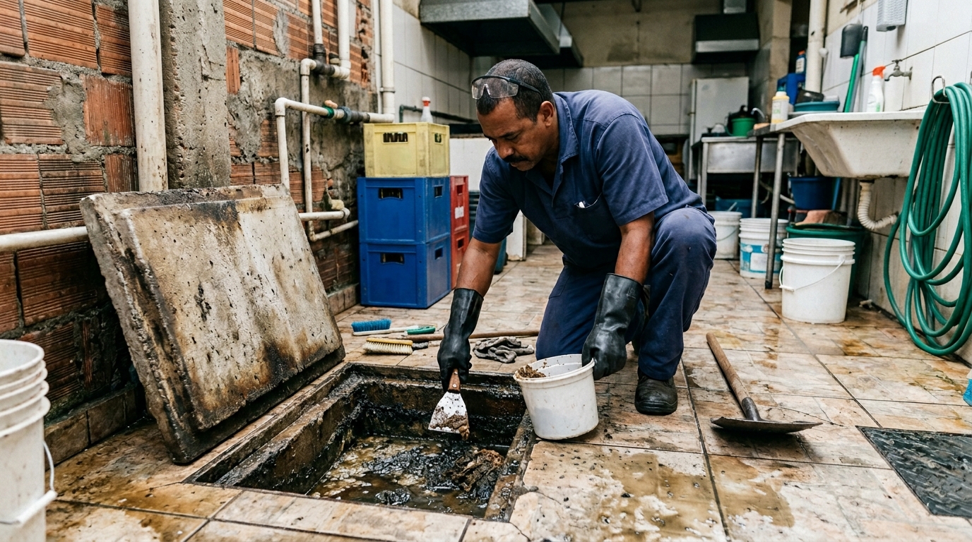 Limpeza de caixa de gordura residencial no Jardim Adelinha, Franca‑SP