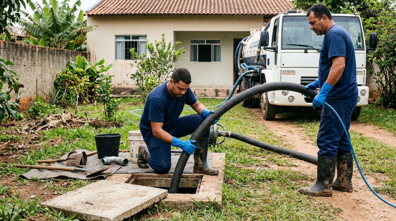 Desentupimento de fossa com equipamento no Guanandi, Campo Grande‑MS
