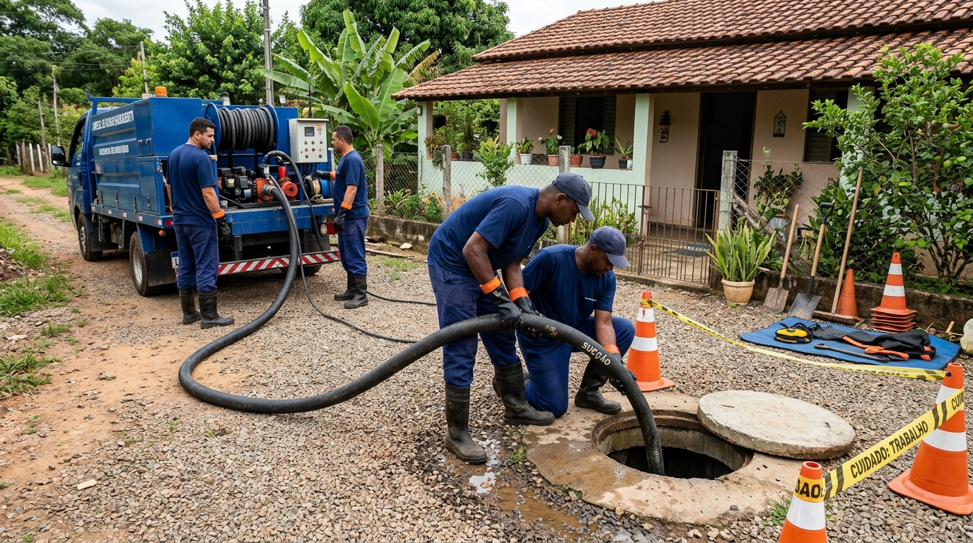 Equipe de desentupimento de fossa no Guanandi, Campo Grande‑MS