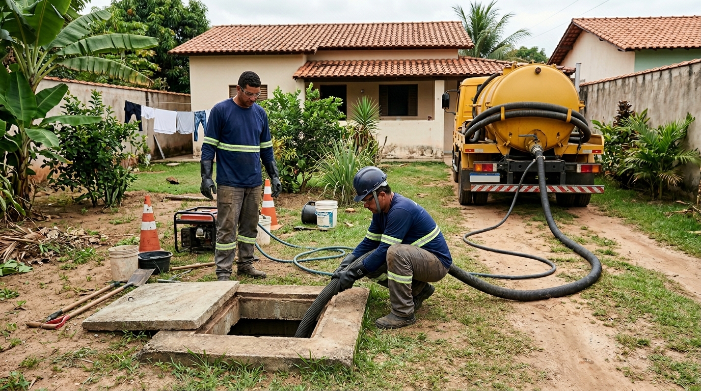 Desentupimento de fossa com sucção no Guanandi, Campo Grande‑MS