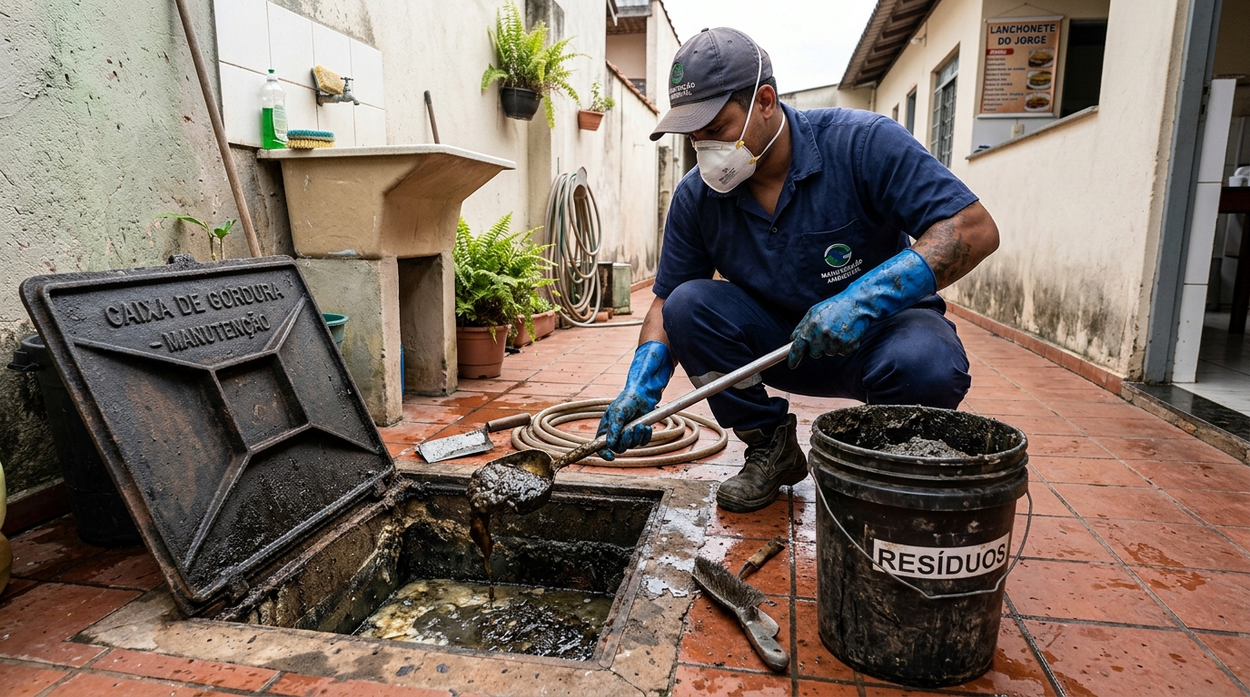 Remoção de lodo de caixa de gordura no Jardim Adelinha, Franca‑SP